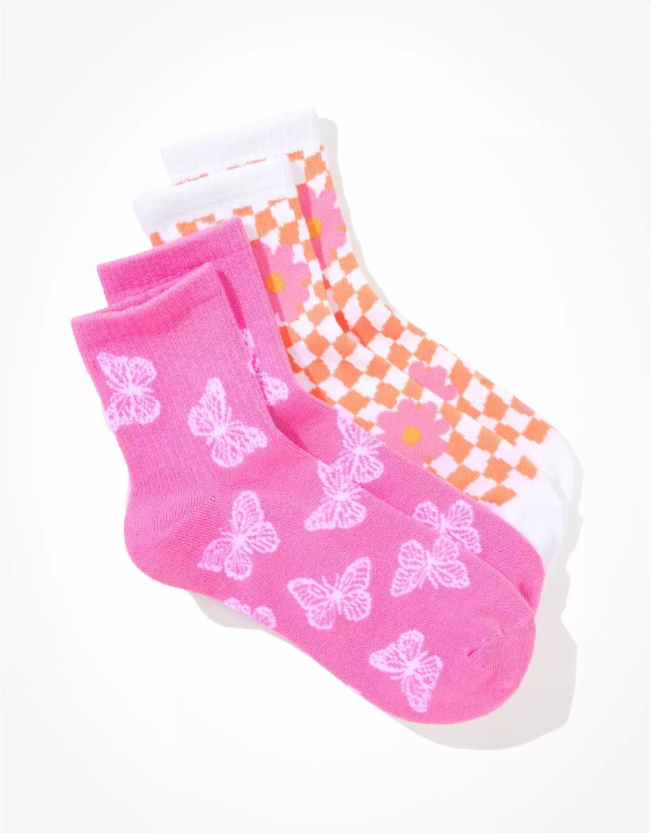 Chaussettes American Eagle AE Butterfly Checkerboard Boyfriend Sock 2-Pack Rose Femme | MRF-00768840